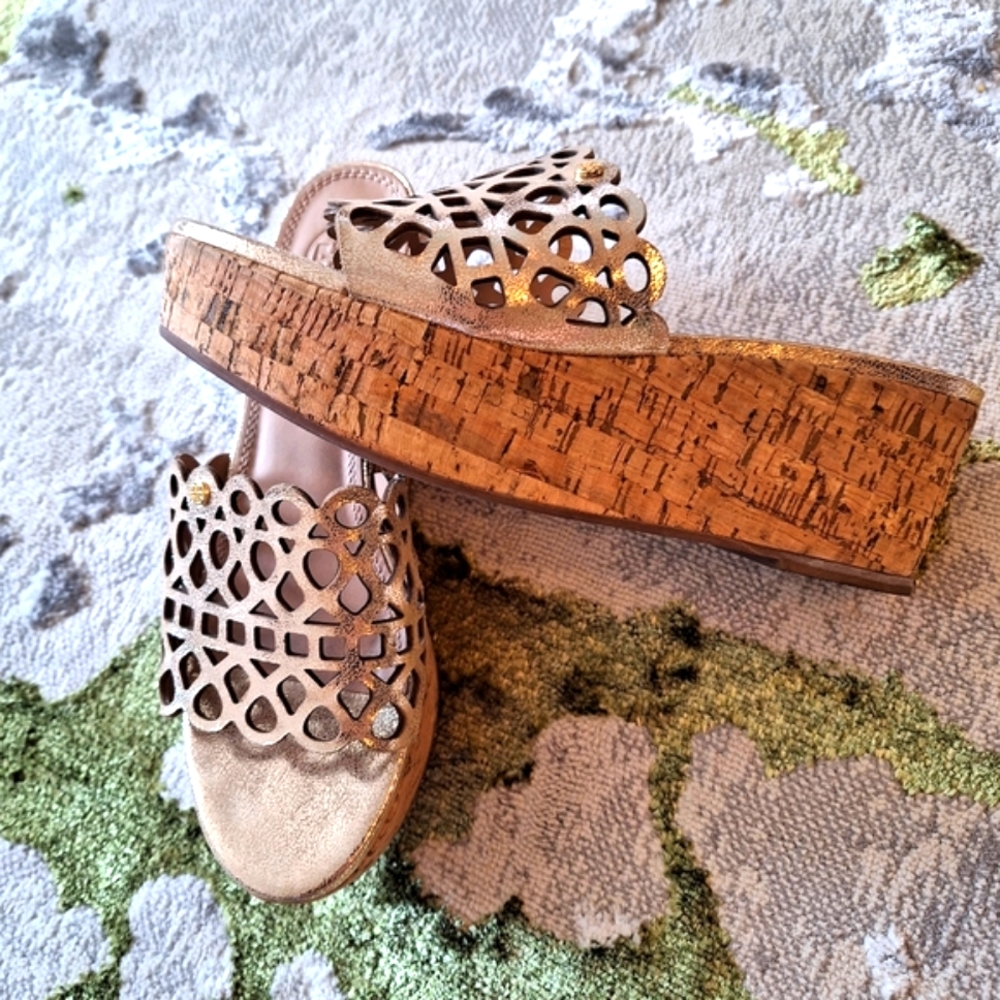 Tory Burch Metallic Gold Cutout Cork Wedge Sandals - Picture 3 of 7